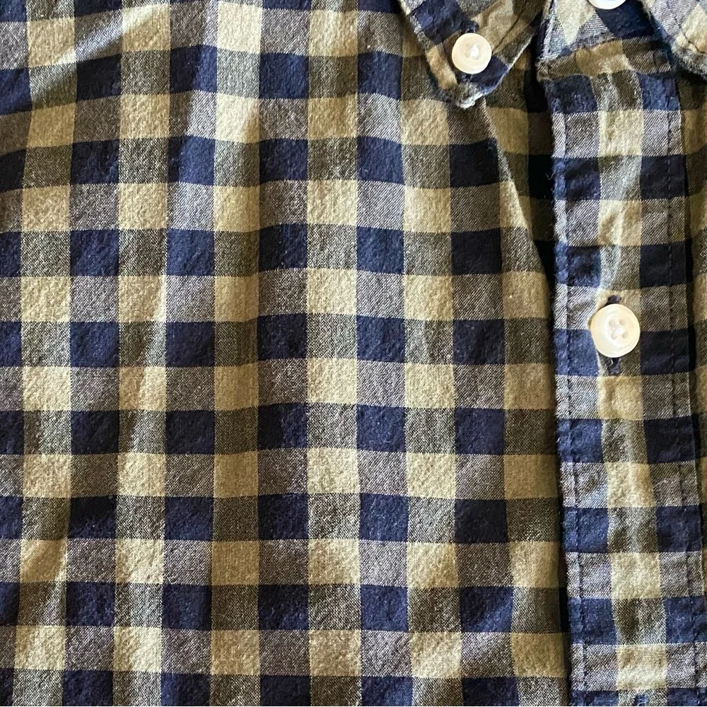 Mens Large J. Crew Slim Gingham Plaid Button Down Sleeve Shirt Army Green & Navy
